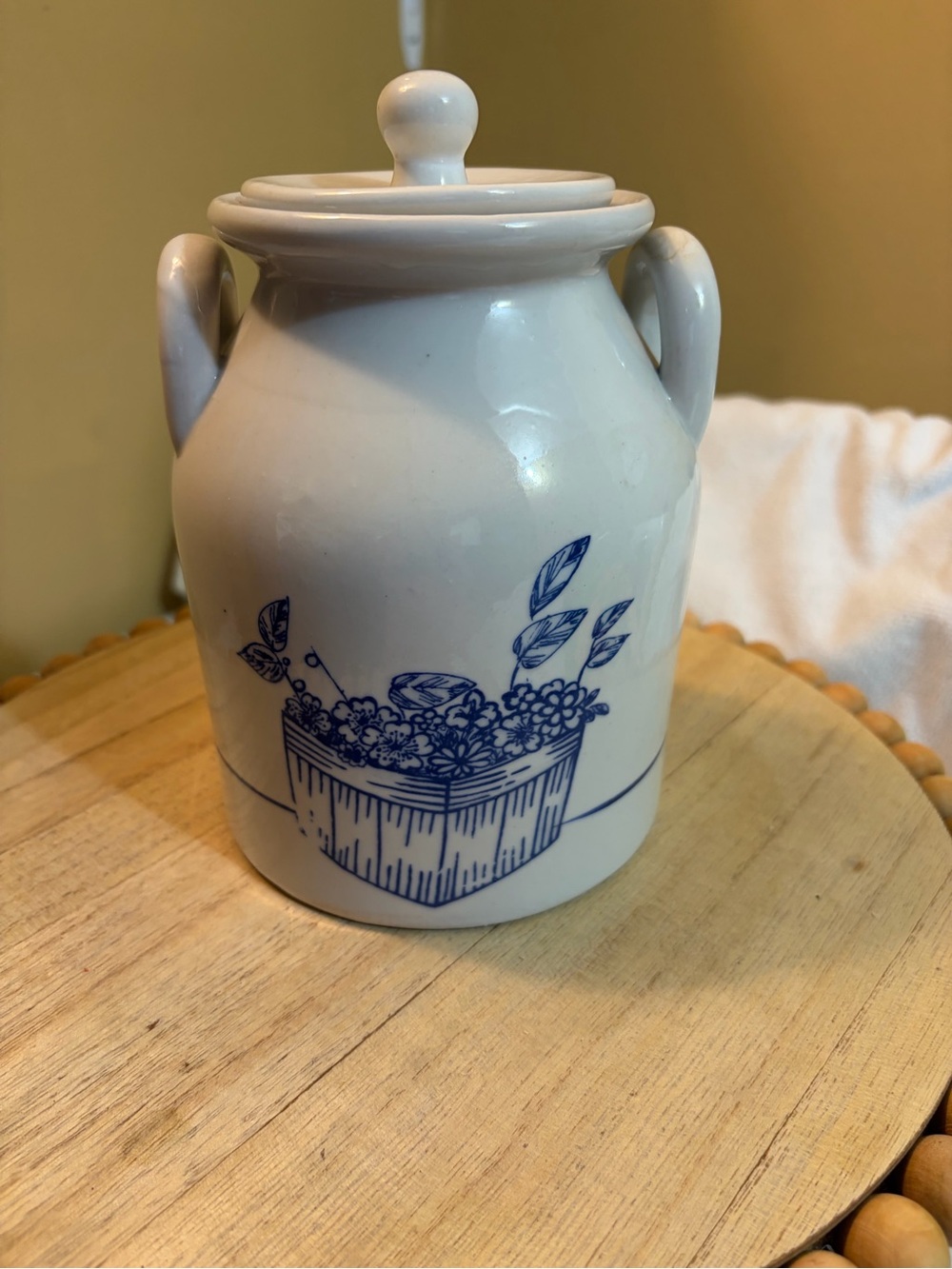 White Ceramic Canister with Blue Floral Basket Design